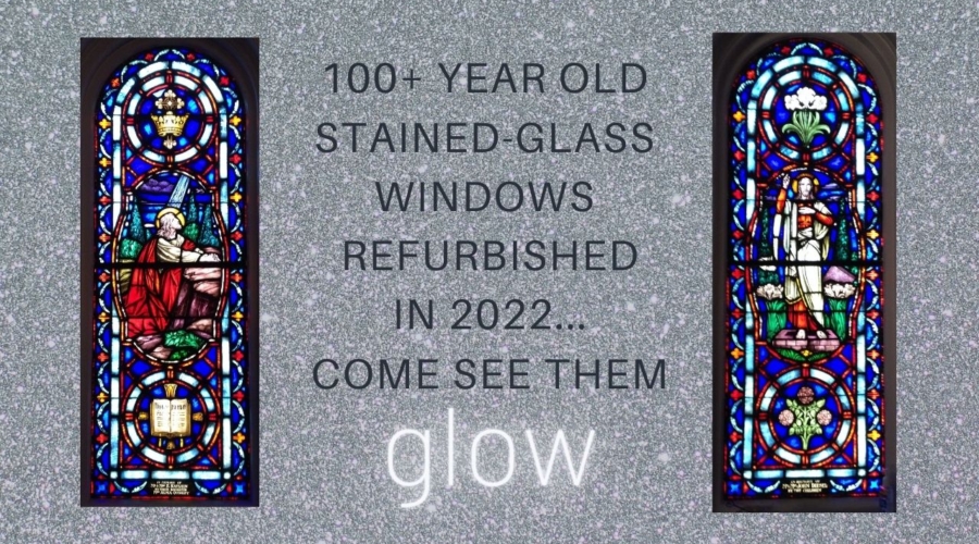 Refurbished stained glass windows in sanctuary.